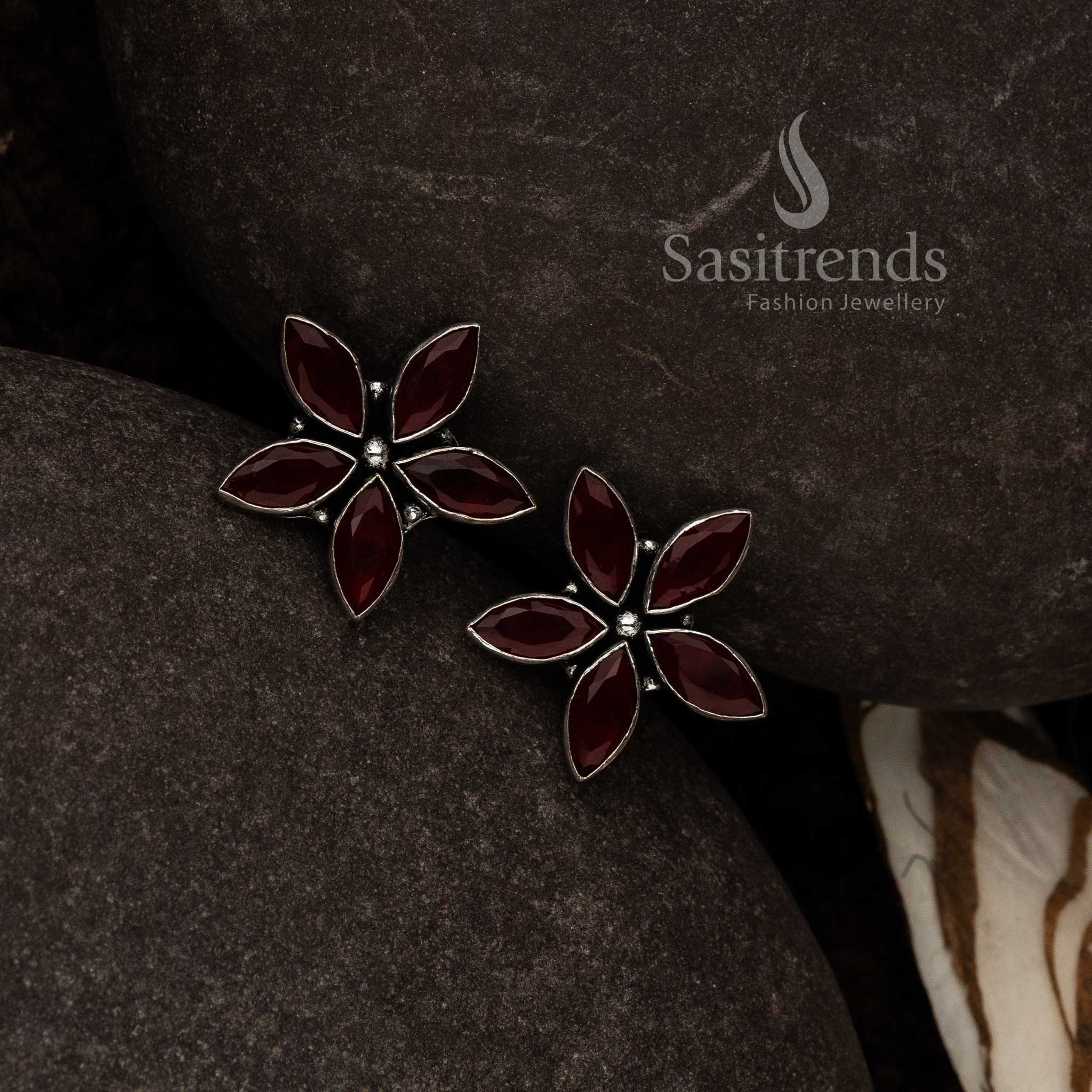 Red Oxidised Marquise Floral Earrings With Leaf Bloom Motif And Royal Glossy Accents – Elegant Statement Jewellery - Sasitrends