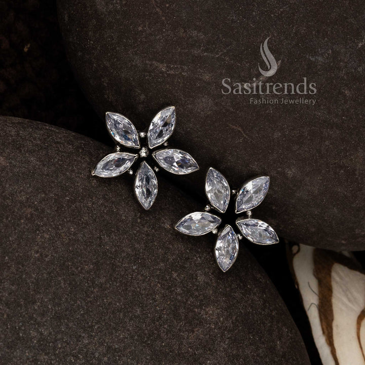 White Oxidised Marquise Floral Earrings With Daisy Filigree Art And Fresh Glittering Detailing – Classic Ethnic Jewellery - Sasitrends

