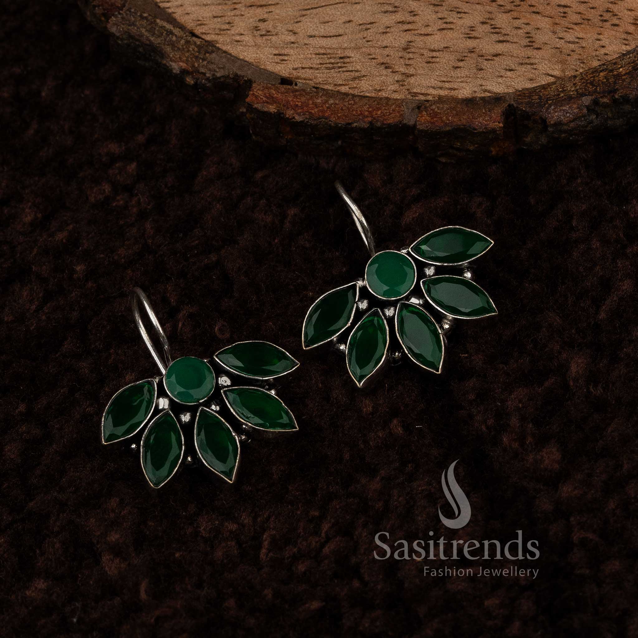 Glossy Green Vintage Floral Oxidised Silver Earrings With Fresh Leaf Accents And Marquise Gemstones – Luxe Heritage Jewellery - Sasitrends