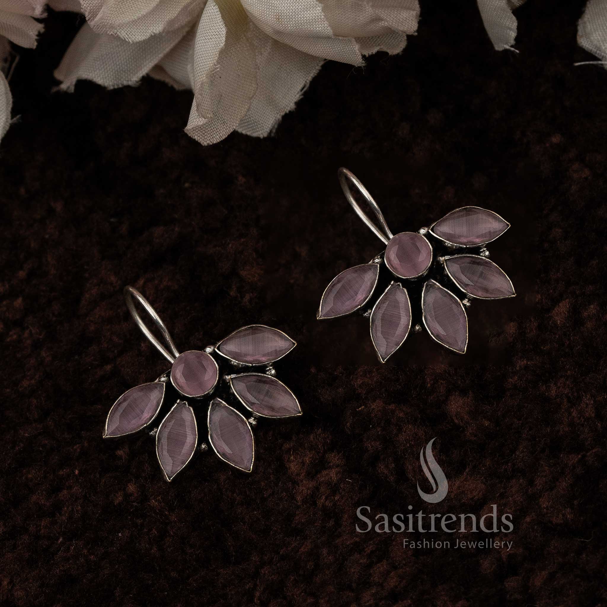 Pink Vintage Floral Oxidised Silver Earrings With Rosy Petal Work And Cute Marquise Stones – Delicate Daily Wear Jewellery - Sasitrends