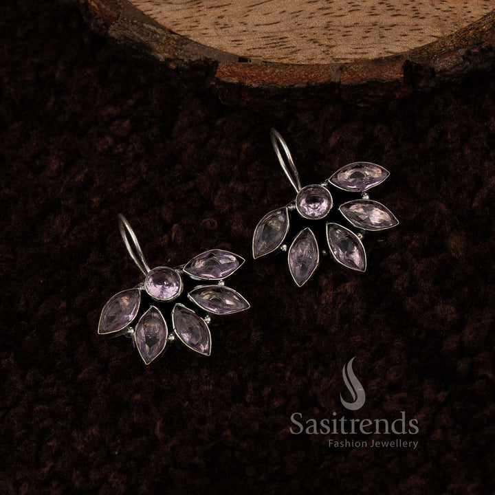 Purple Vintage Floral Oxidised Silver Earrings With Orchid Touch And Royal Marquise Stone Finish – Regal Ethnic Jewellery - Sasitrends