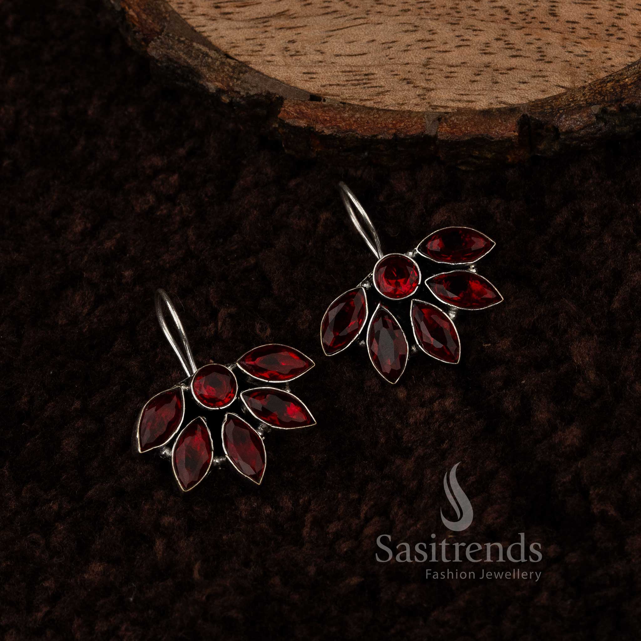Red Vintage Floral Oxidised Silver Earrings With Marquise Stones And Traditional Rose Motif – Graceful Ethnic Jewellery - Sasitrends