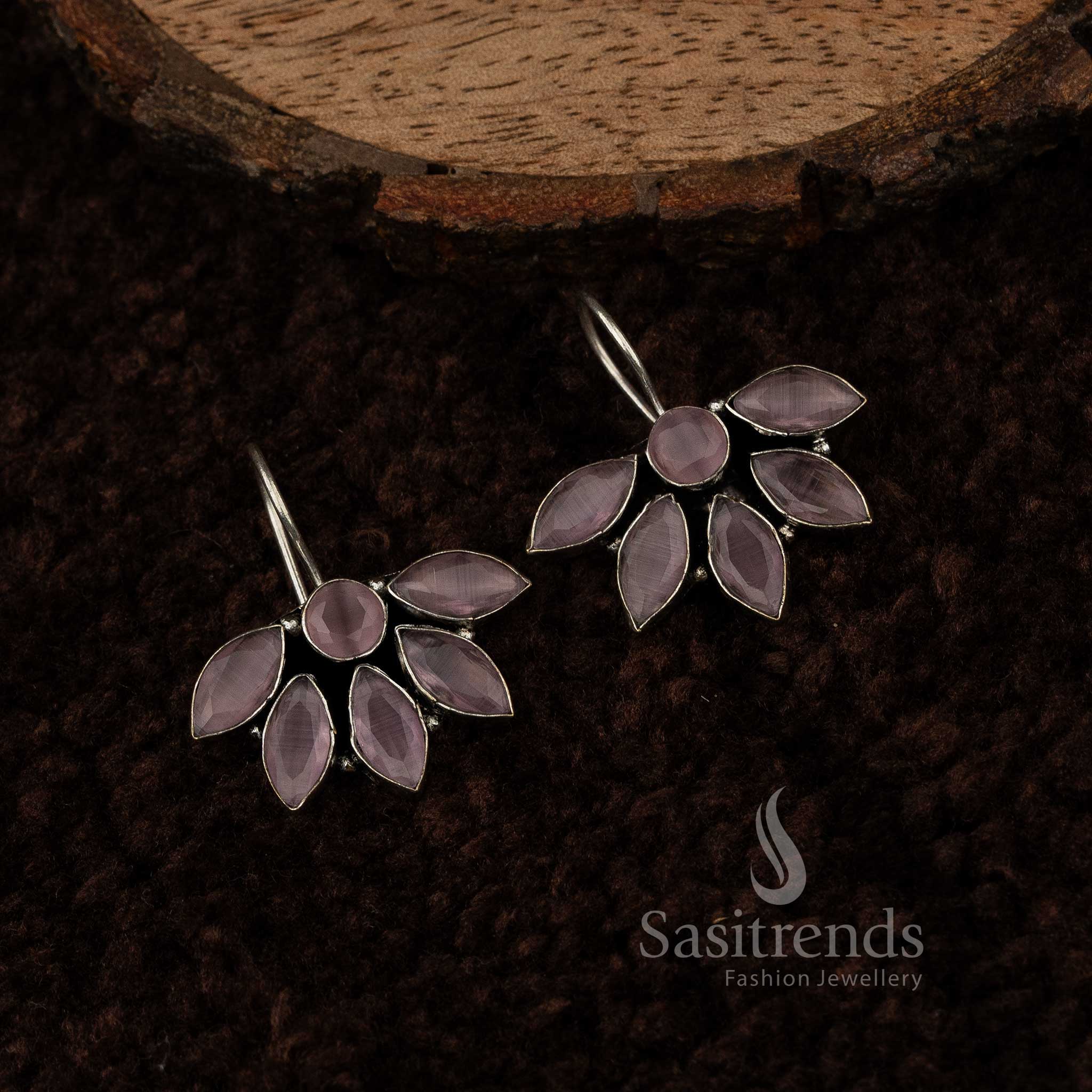 Sasitrends - Vintage Floral Oxidised Silver Earrings with Marquise Stones
