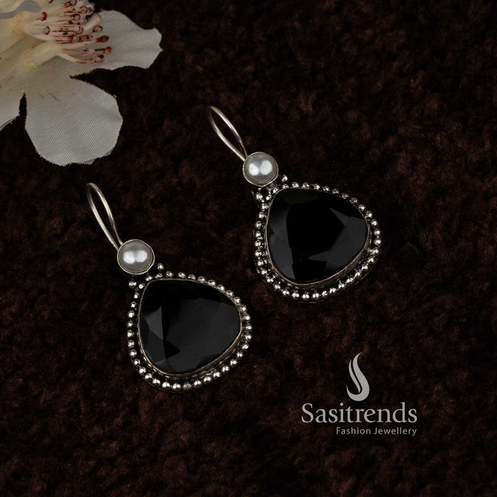 Black Vintage Waterdrop Pearl Oxidised Earrings With Deep Black Monalisa Stones And Elegant Floral Motifs – Stylish Evening Jewellery - Sasitrends