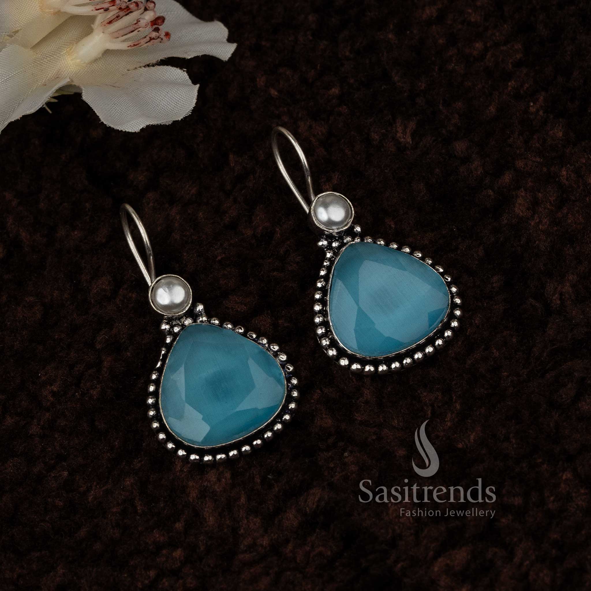 Blue Vintage Waterdrop Pearl Oxidised Earrings With Deep Blue Monalisa Stones And Water Inspired Design – Elegant Ethnic Jewellery - Sasitrends