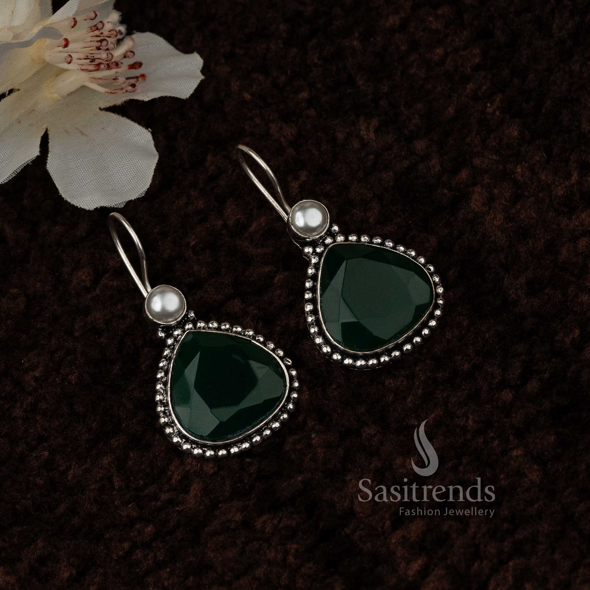 Dark Green Vintage Waterdrop Pearl Oxidised Earrings With Rich Monalisa Stone Drops And Leafy Traditional Motifs – Classic Ethnic Jewellery - Sasitrends