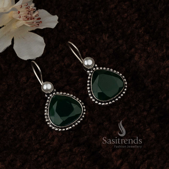 Dark Green Vintage Waterdrop Pearl Oxidised Earrings With Rich Monalisa Stone Drops And Leafy Traditional Motifs – Classic Ethnic Jewellery - Sasitrends