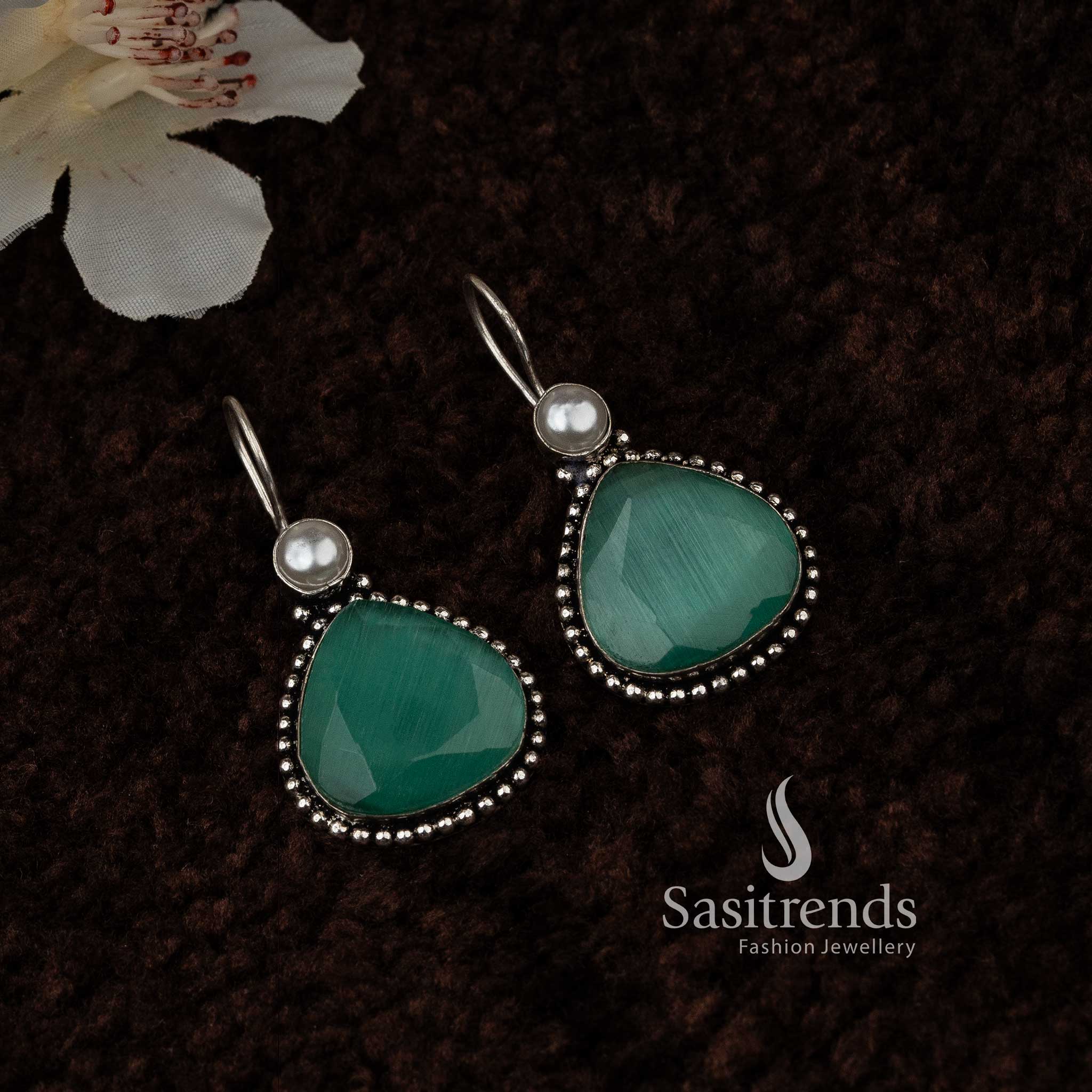Light Green Vintage Waterdrop Pearl Oxidised Earrings With Soft Pastel Monalisa Stones And Nature Inspired Floral Design – Subtle Everyday Jewellery - Sasitrends