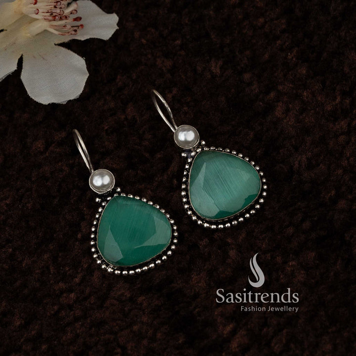Light Green Vintage Waterdrop Pearl Oxidised Earrings With Soft Pastel Monalisa Stones And Nature Inspired Floral Design – Subtle Everyday Jewellery - Sasitrends