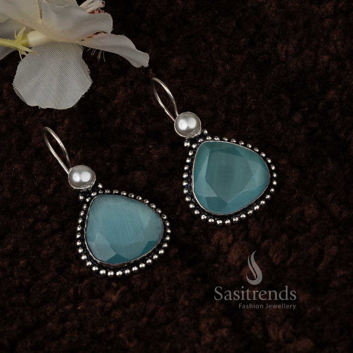 Mint Vintage Waterdrop Pearl Oxidised Earrings With Fresh Monalisa Stone Drops And Garden Inspired Design – Soothing Daily Wear Jewellery - Sasitrends