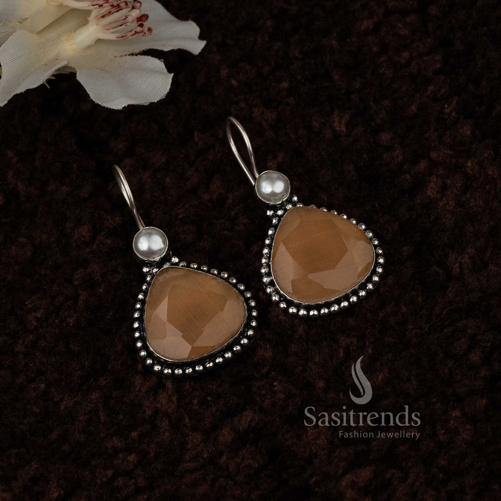 Peach Vintage Waterdrop Pearl Oxidised Earrings With Delicate Monalisa Stones And Soft Blush Tones – Charming Traditional Jewellery - Sasitrends
