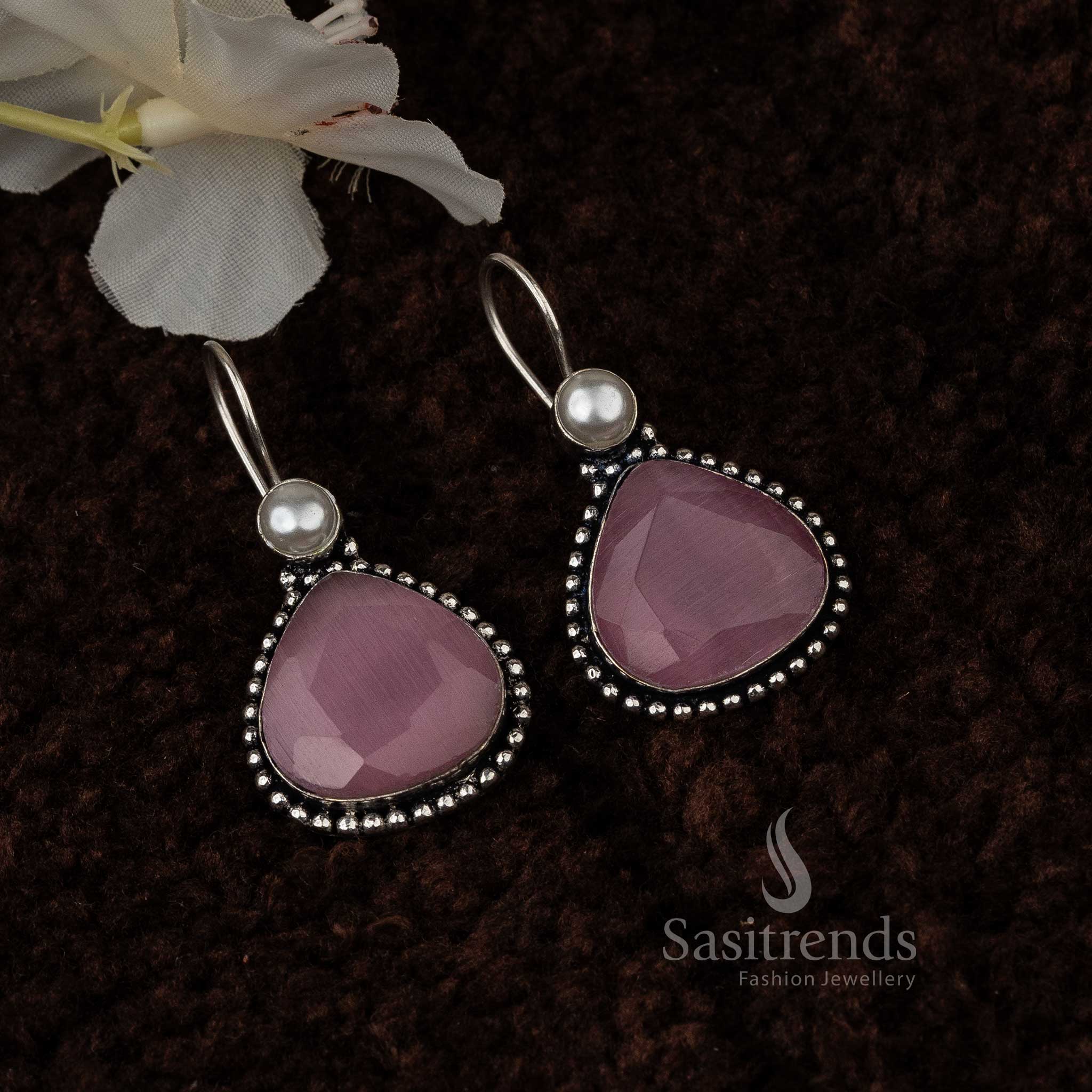 Pink Vintage Waterdrop Pearl Oxidised Earrings With Rosy Monalisa Stones And Graceful Petal Details – Delicate Festival Jewellery - Sasitrends