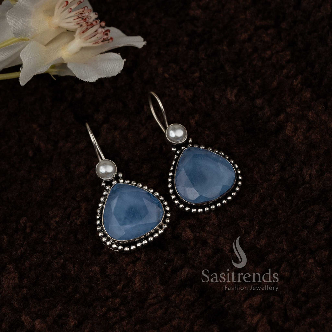 Purple Vintage Waterdrop Pearl Oxidised Earrings With Royal Monalisa Stone Accent And Floral Design – Regal Traditional Jewellery - Sasitrends