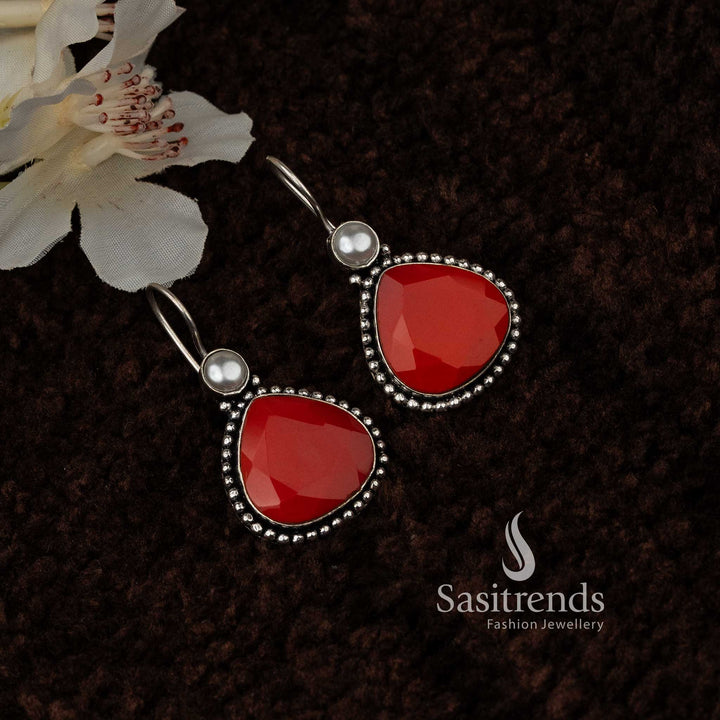 Red Vintage Waterdrop Pearl Oxidised Earrings With Monalisa Stones And Elegant Classic Design – Timeless Traditional Jewellery - Sasitrends