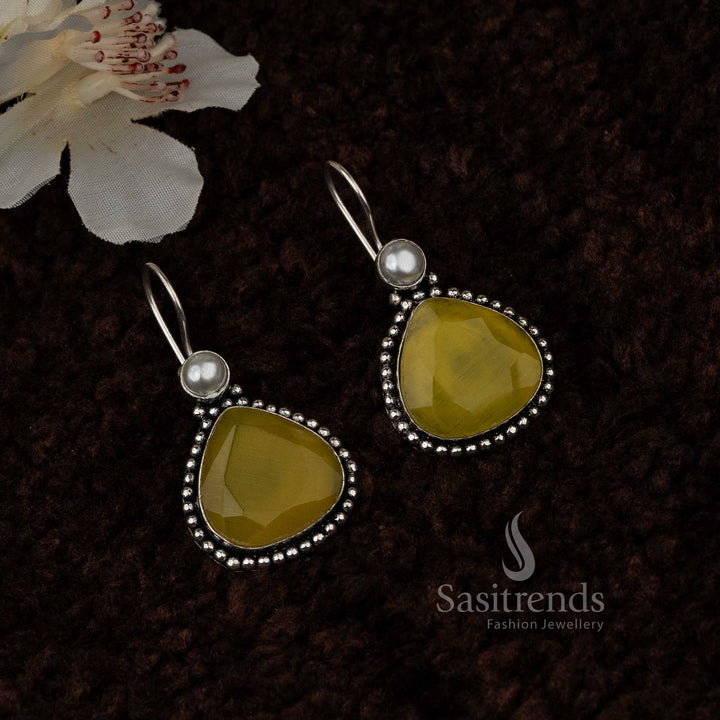 Yellow Vintage Waterdrop Pearl Oxidised Earrings With Sunny Floral Touches And Bright Monalisa Stones – Cheerful Festival Jewellery - Sasitrends