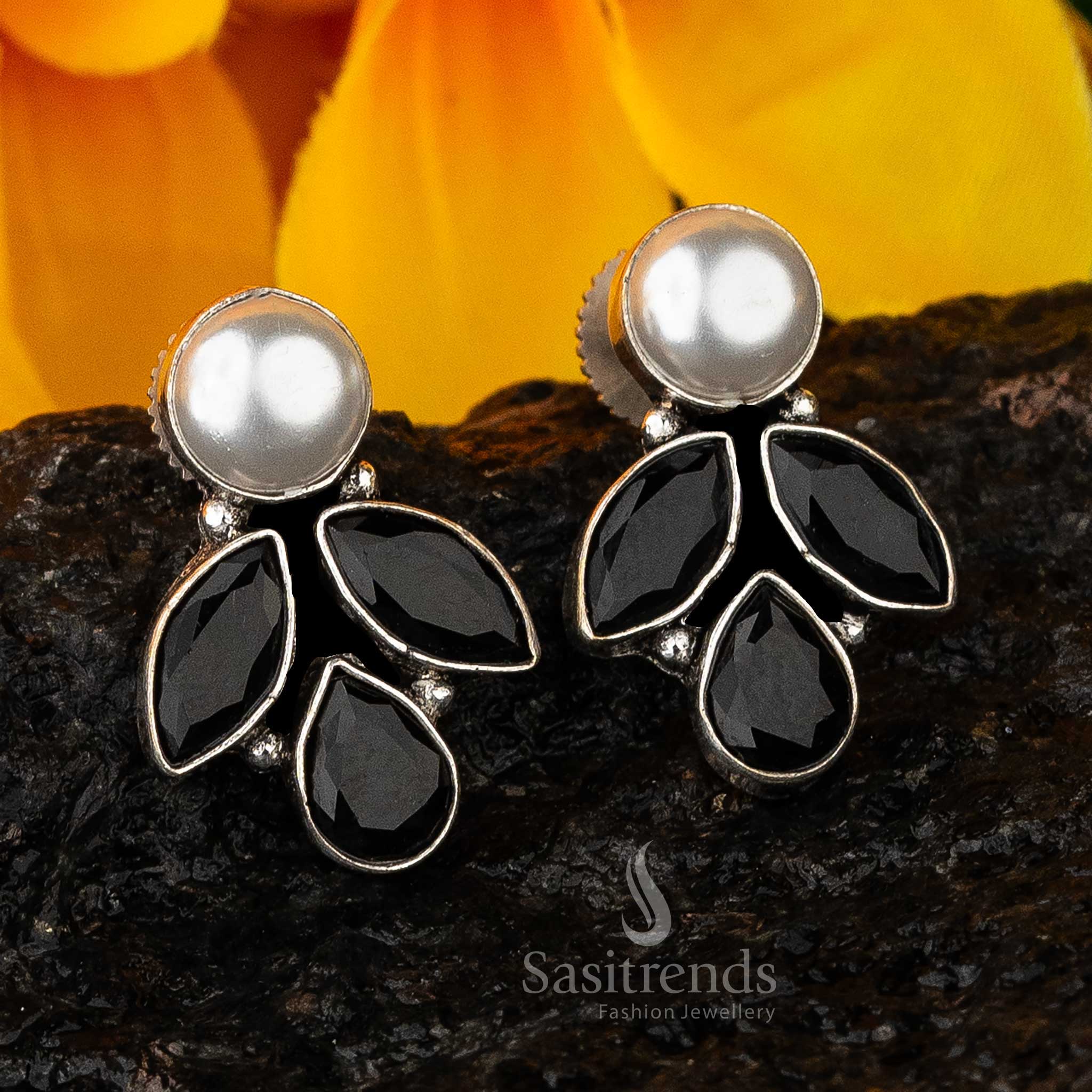 Black Vintage Glam Marquise And Pearl Oxidised Earrings With Bold Contrast And Pearl Highlights – Elegant Evening Jewellery - Sasitrends