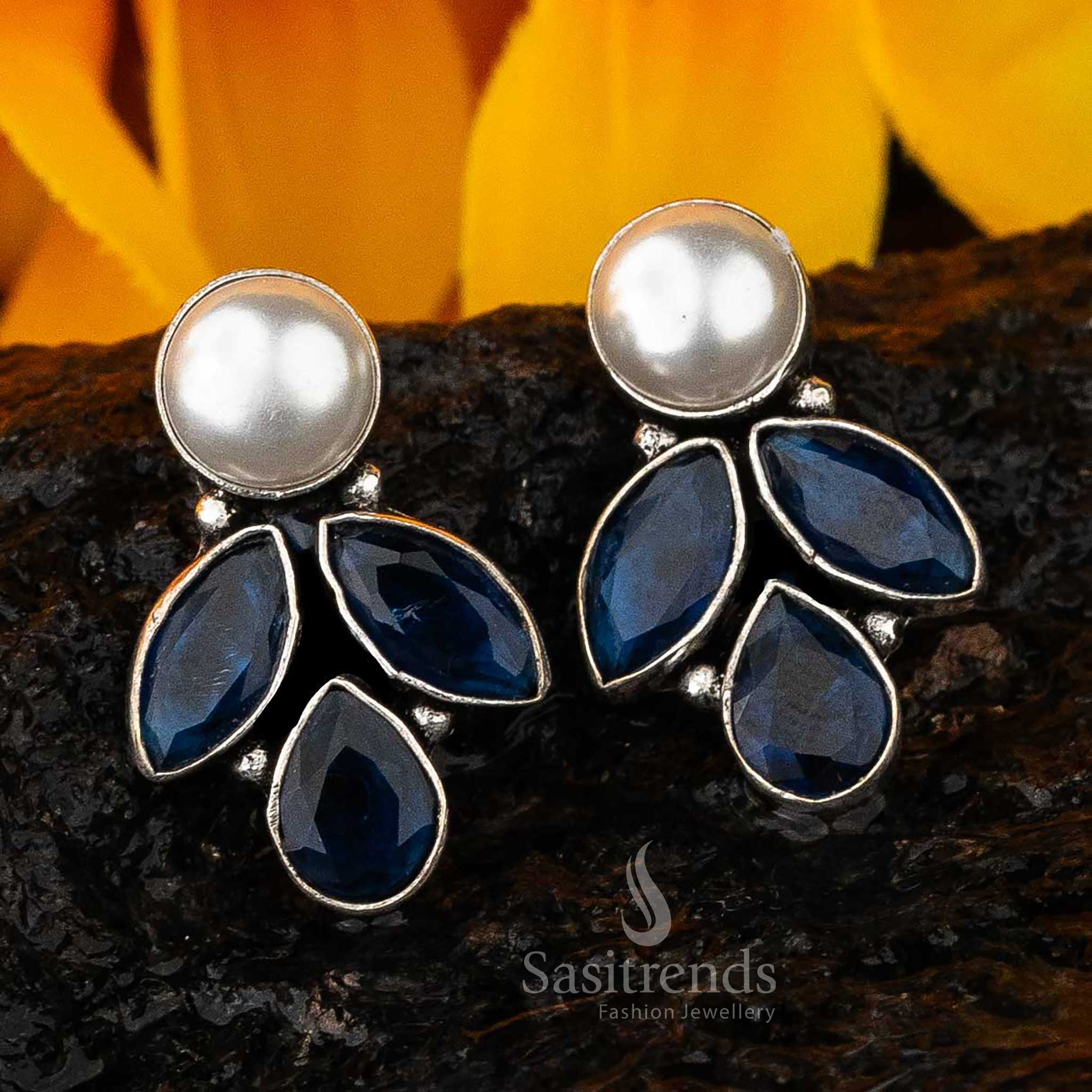 Blue Vintage Glam Marquise And Pearl Oxidised Earrings With Deep Ocean Stone Drops And Lustrous Pearls – Elegant Festive Jewellery - Sasitrends