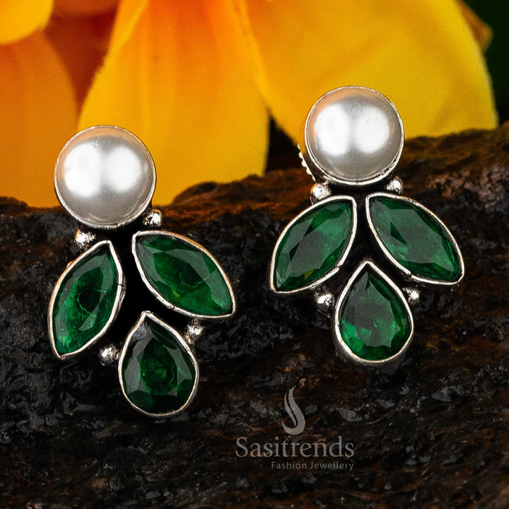 Glossy Green Vintage Glam Marquise And Pearl Oxidised Earrings With Shiny Green Stone Touches And Regal Design – Heritage Style Jewellery - Sasitrends