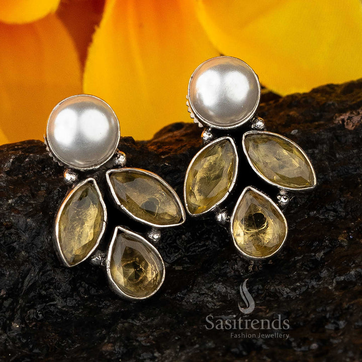 LCD Yellow Vintage Glam Marquise And Pearl Oxidised Earrings With Light Golden Stones And Delicate Pearls – Glowing Occasion Jewellery - Sasitrends