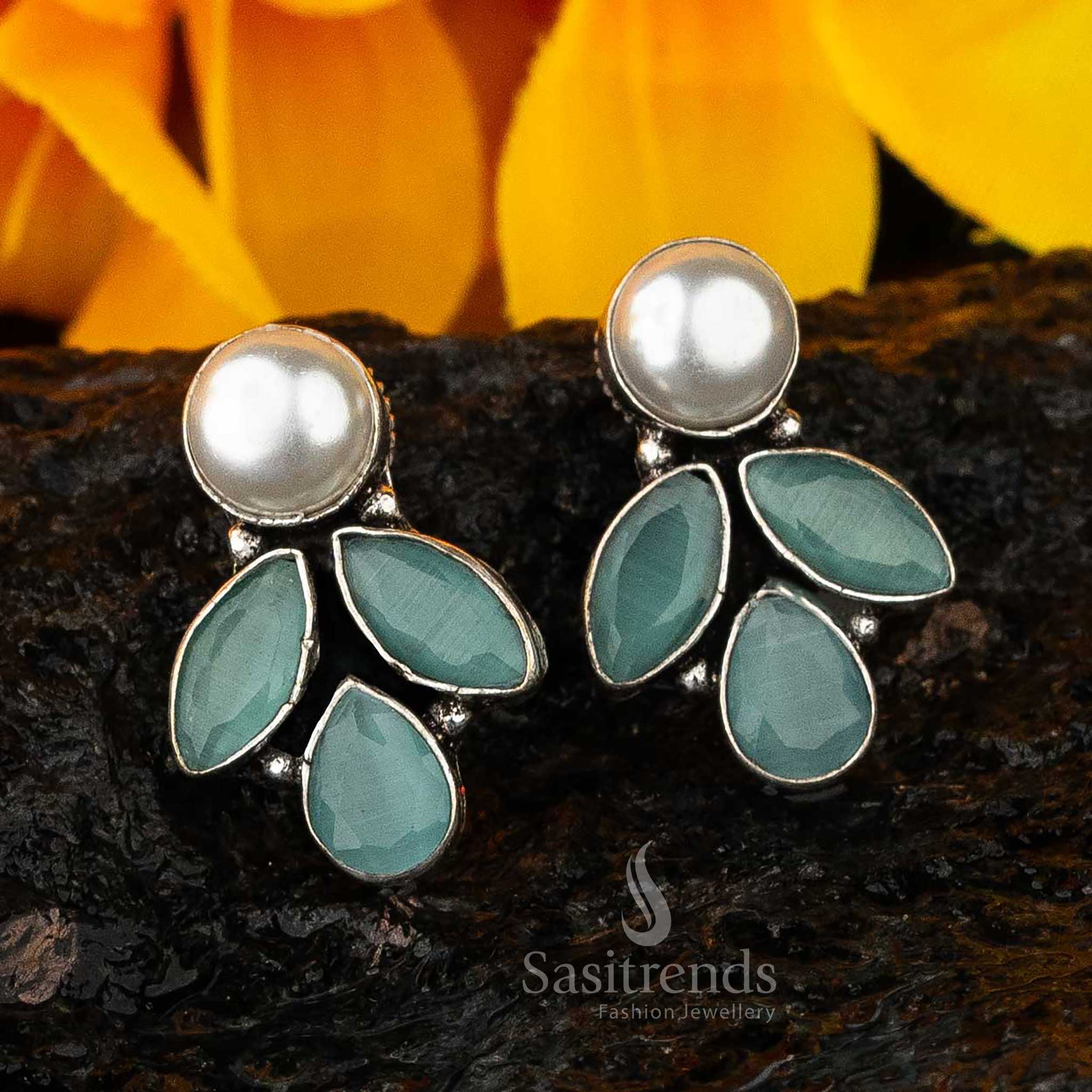 Mint Vintage Glam Marquise And Pearl Oxidised Earrings With Fresh Green Tones And Pure Pearl Drops – Soothing Occasion Jewellery - Sasitrends