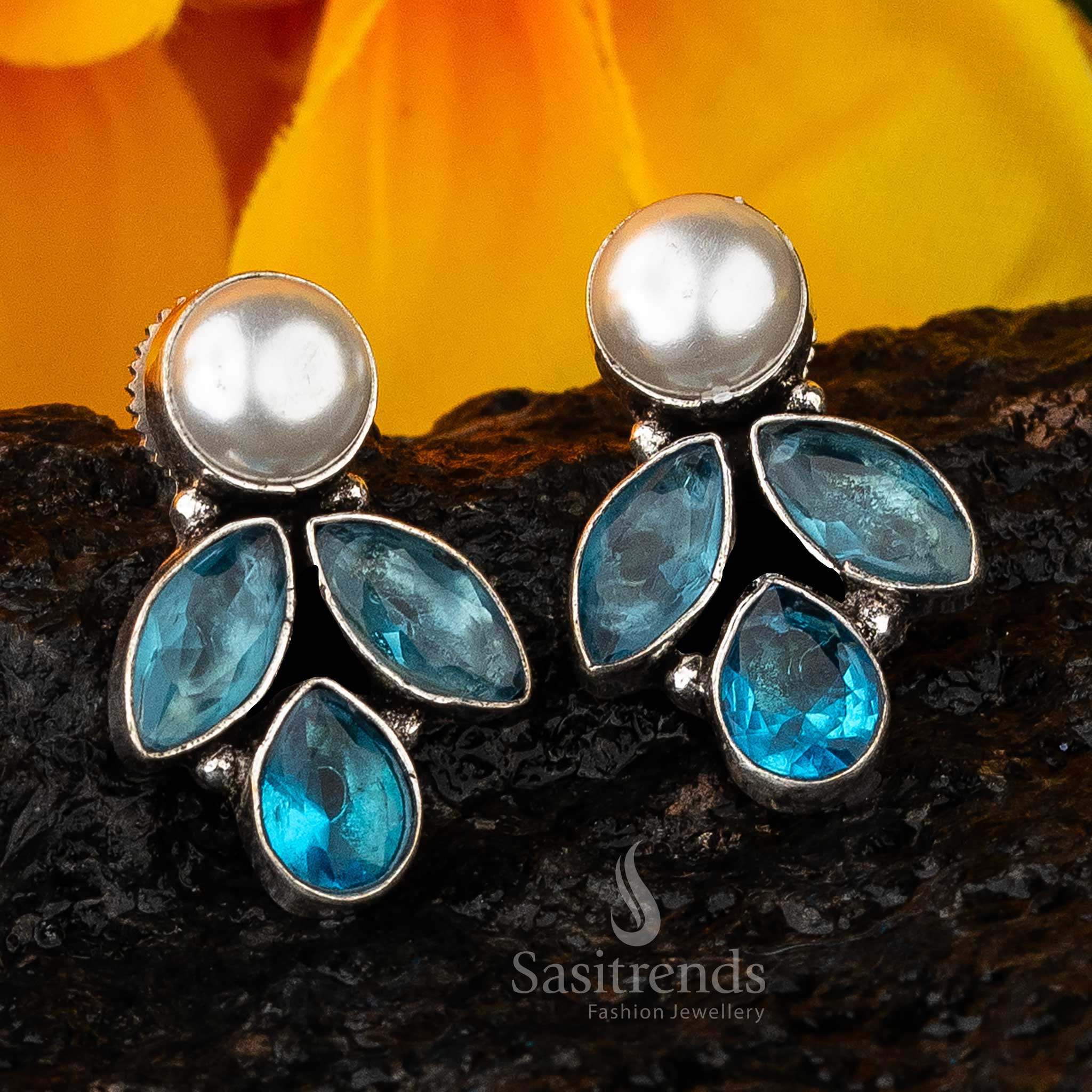 Ocean Blue Vintage Glam Marquise And Pearl Oxidised Earrings With Tropical Wave Tones And Sea Pearl Hangings – Coastal Style Jewellery - Sasitrends