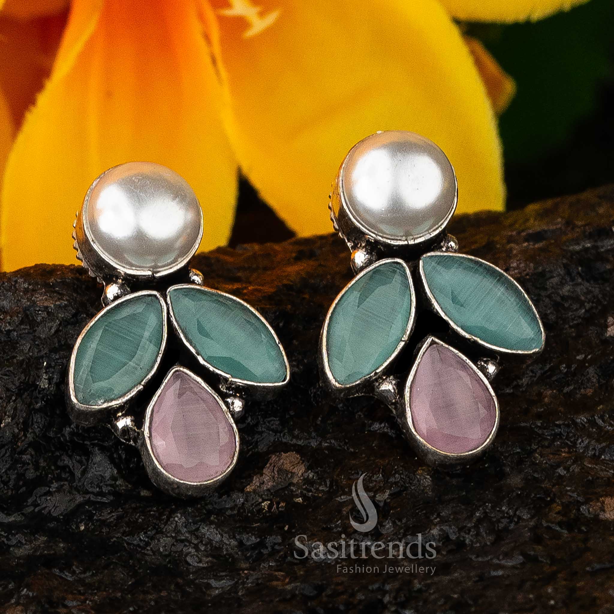 Pink Mint Vintage Glam Marquise And Pearl Oxidised Earrings With Dual Tone Stones And Ethereal Pearls – Contemporary Ethnic Jewellery - Sasitrends

