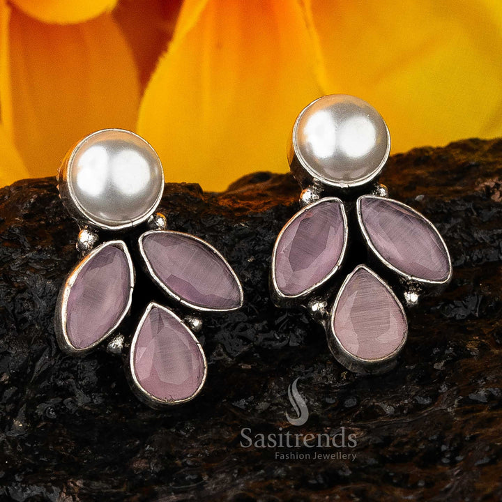 Pink Vintage Glam Marquise And Pearl Oxidised Earrings With Petal Like Marquise Stones And Cute Pearl Hangings – Charming Wedding Jewellery - Sasitrends