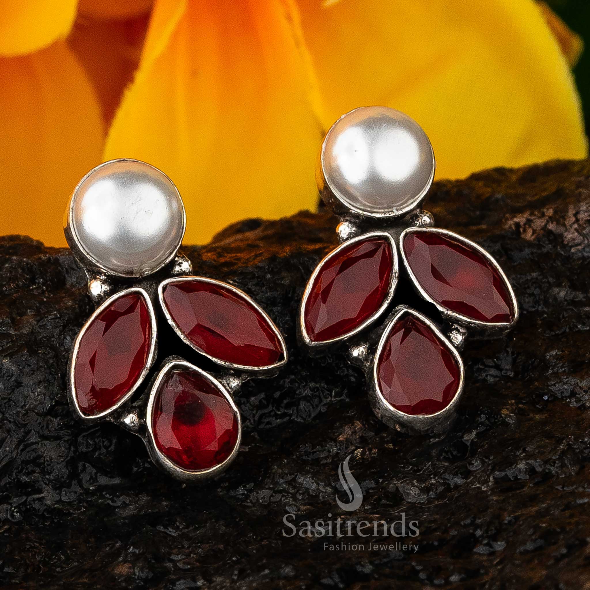 Red Vintage Glam Marquise And Pearl Oxidised Earrings With Elegant Floral Touch And Striking Marquise Stones – Traditional Party Jewellery - Sasitrends