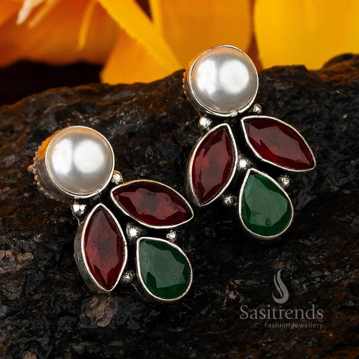 Ruby Green Vintage Glam Marquise And Pearl Oxidised Earrings With Classic Temple Inspired Stones And Pearl Elegance – Heritage Bridal Jewellery - Sasitrends