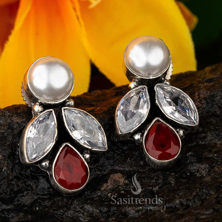 White-Red Vintage Glam Marquise And Pearl Oxidised Earrings With Sparkling Marquise Stones And Pure Pearl Drops – Classic Bridal Jewellery - Sasitrends

