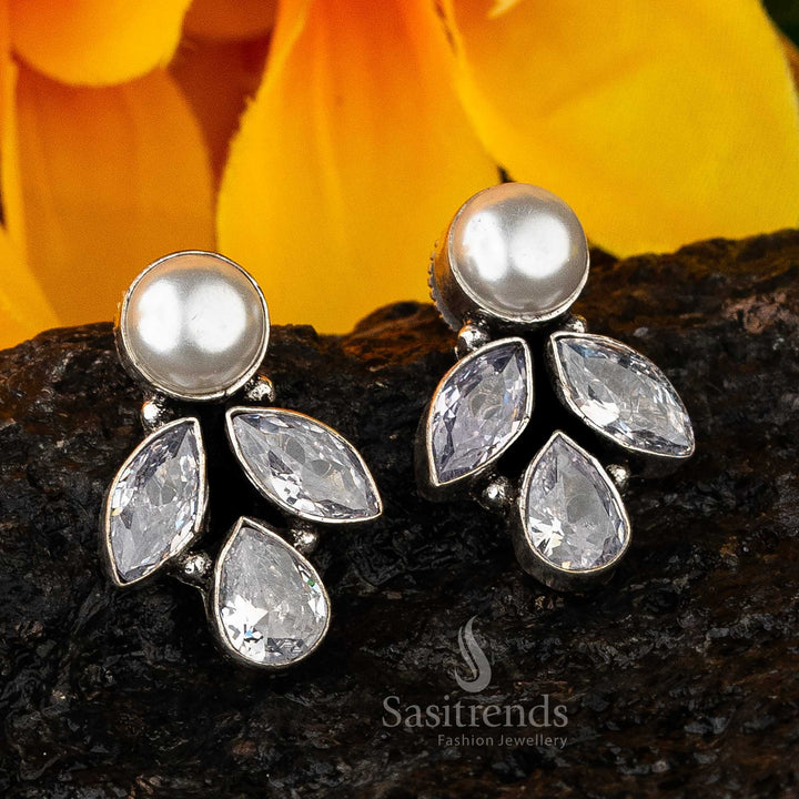 White Vintage Glam Marquise And Pearl Oxidised Earrings With Sparkling Marquise Stones And Pure Pearl Drops – Classic Bridal Jewellery - Sasitrends