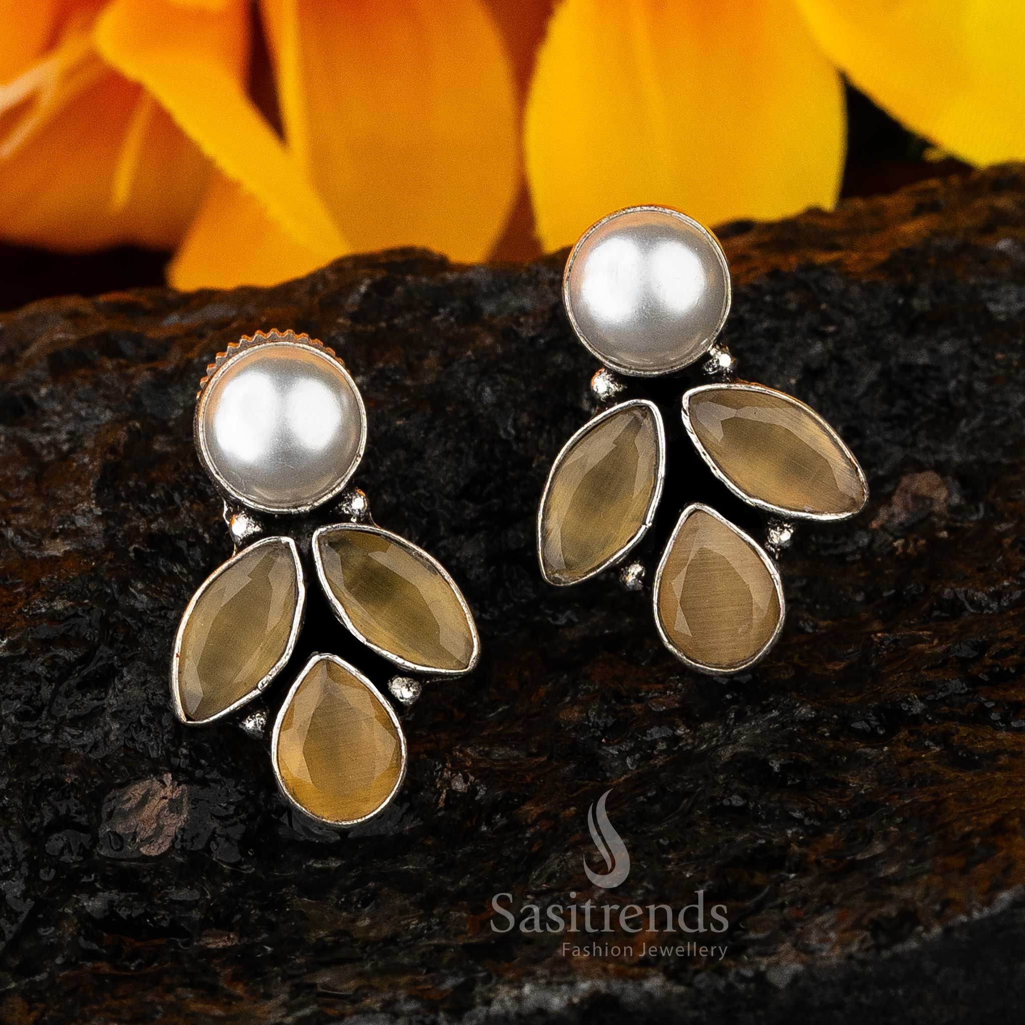 Yellow Vintage Glam Marquise And Pearl Oxidised Earrings With Bright Stone Work And Golden Glow Pearls – Sunshine Ethnic Jewellery - Sasitrends