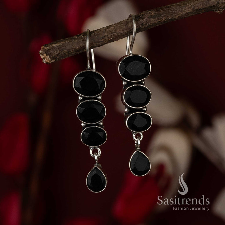 Black Chic Radiance Oxidised Drop Earrings With Contrasting Dark Tones And Stylish Sparkle – Elegant Party Jewellery - Sasitrends