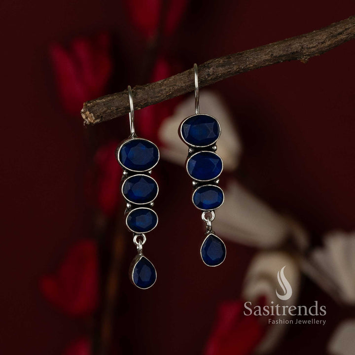 Blue Chic Radiance Oxidised Drop Earrings With Rich Stone Contrast And Classic Marquise Glow – Traditional Statement Jewellery - Sasitrends