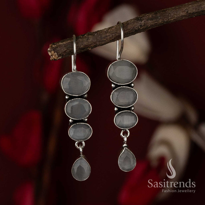 Grey Chic Radiance Oxidised Drop Earrings With Sea Inspired Stone Elegance And Pearl Edge – Breezy Coastal Jewellery - Sasitrends