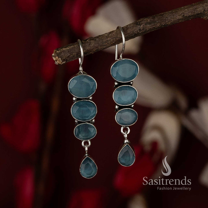 Sky Blue Chic Radiance Oxidised Drop Earrings With Cloudy Tone Stones And Delicate Marble Glow – Soft Daywear Jewellery - Sasitrends