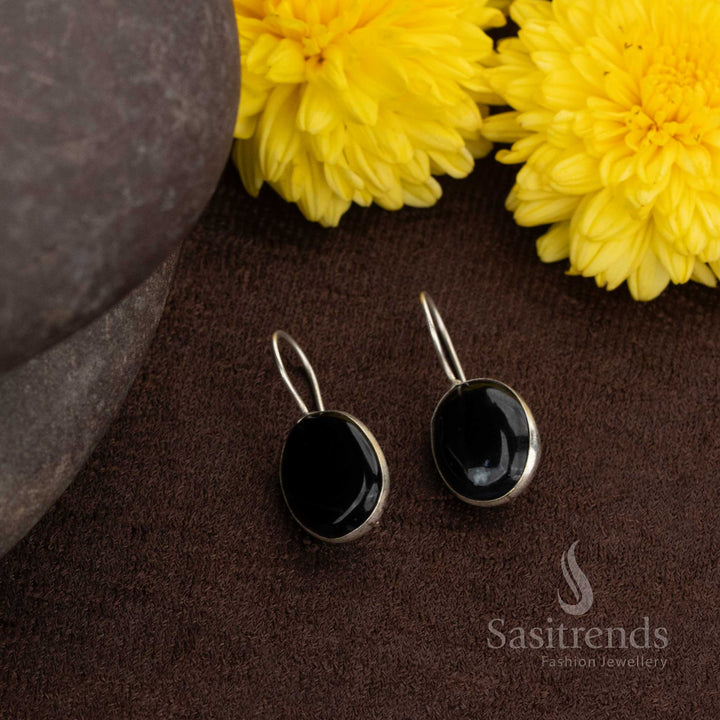 Oxidised silver earrings with black round stones—great for college hours or evening styling – Sasitrends