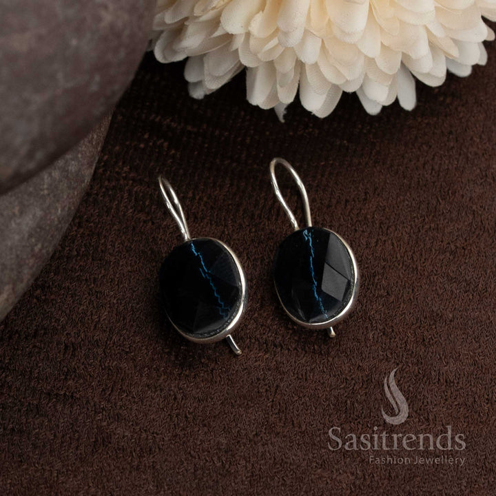 Simple oxidised earrings with rounded borders and a stunning dark blue natural stone centre perfect for everyday office or college wear by Sasitrends