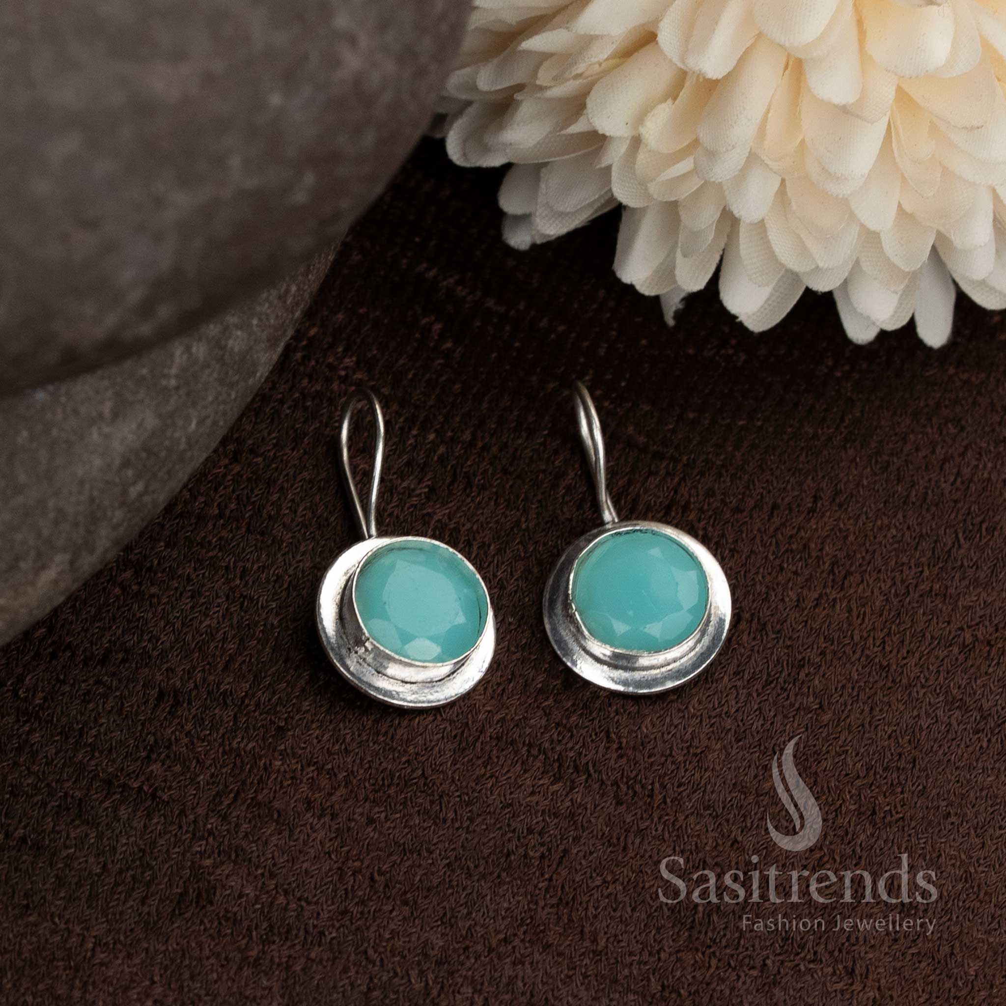 Cool mint oxidised earrings with natural stones great for pastel outfit pairings and simple dressing by Sasitrends
