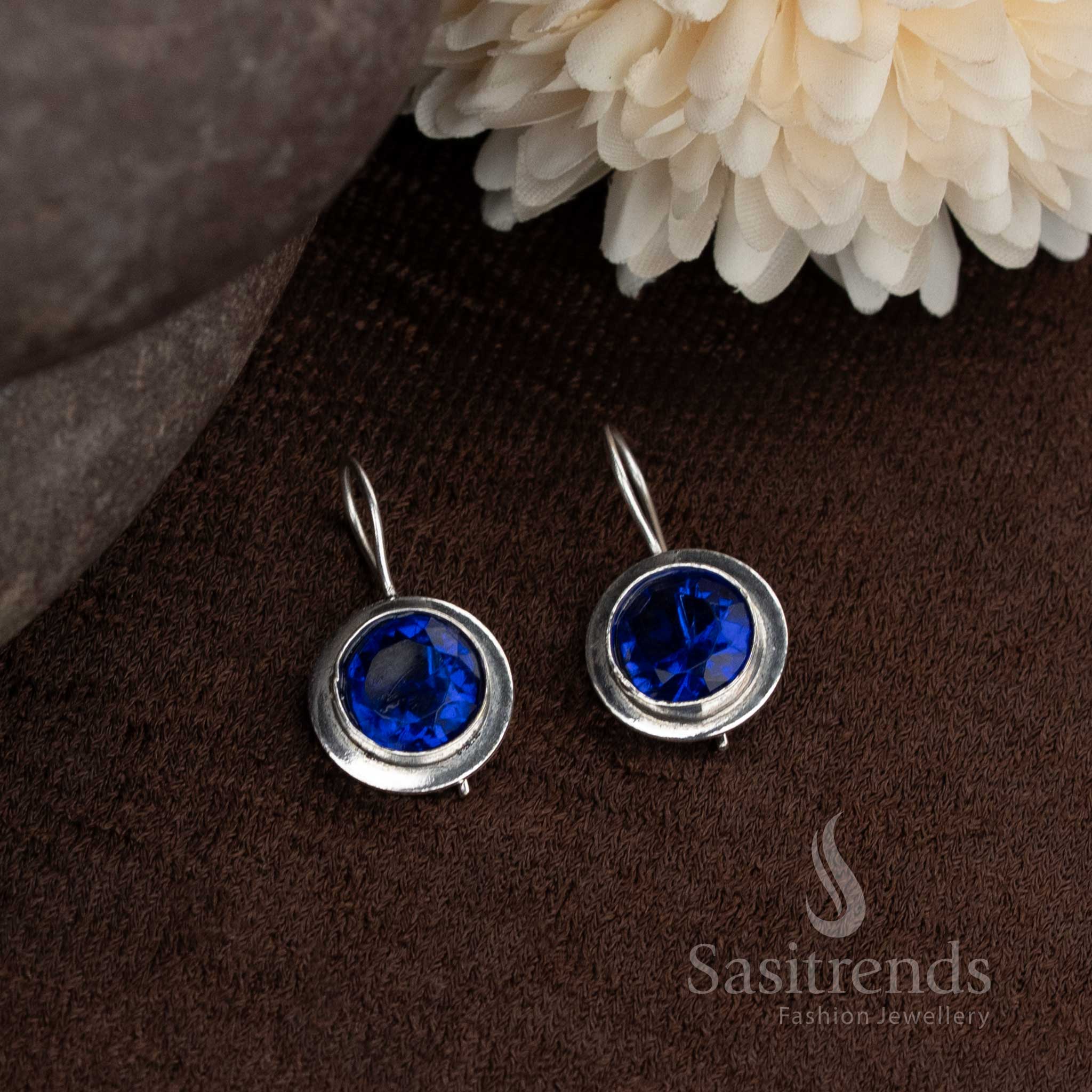 Deep blue oxidised earrings in natural round stone design cool and vibrant for casual wear by Sasitrends