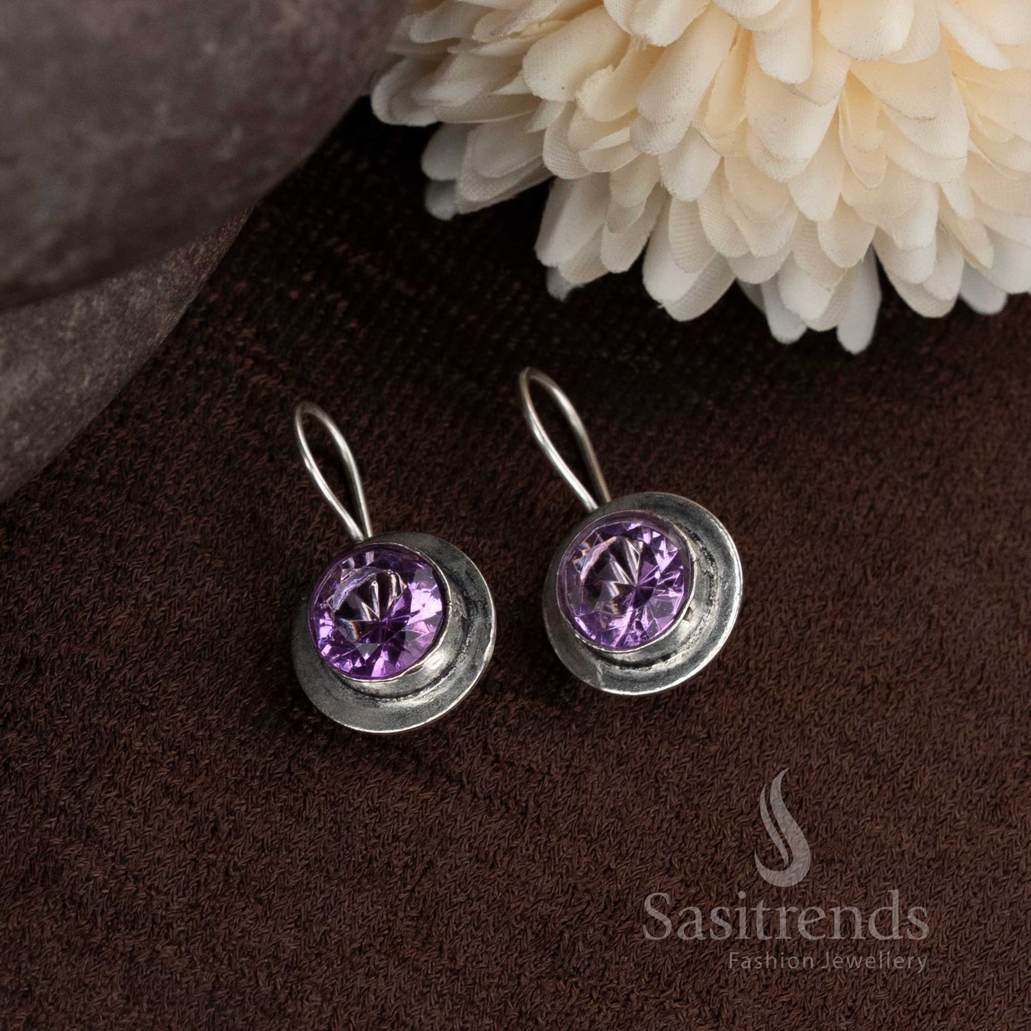 Casual style oxidised round earrings in violet colour perfect for denim and kurti mix outfits from Sasitrends