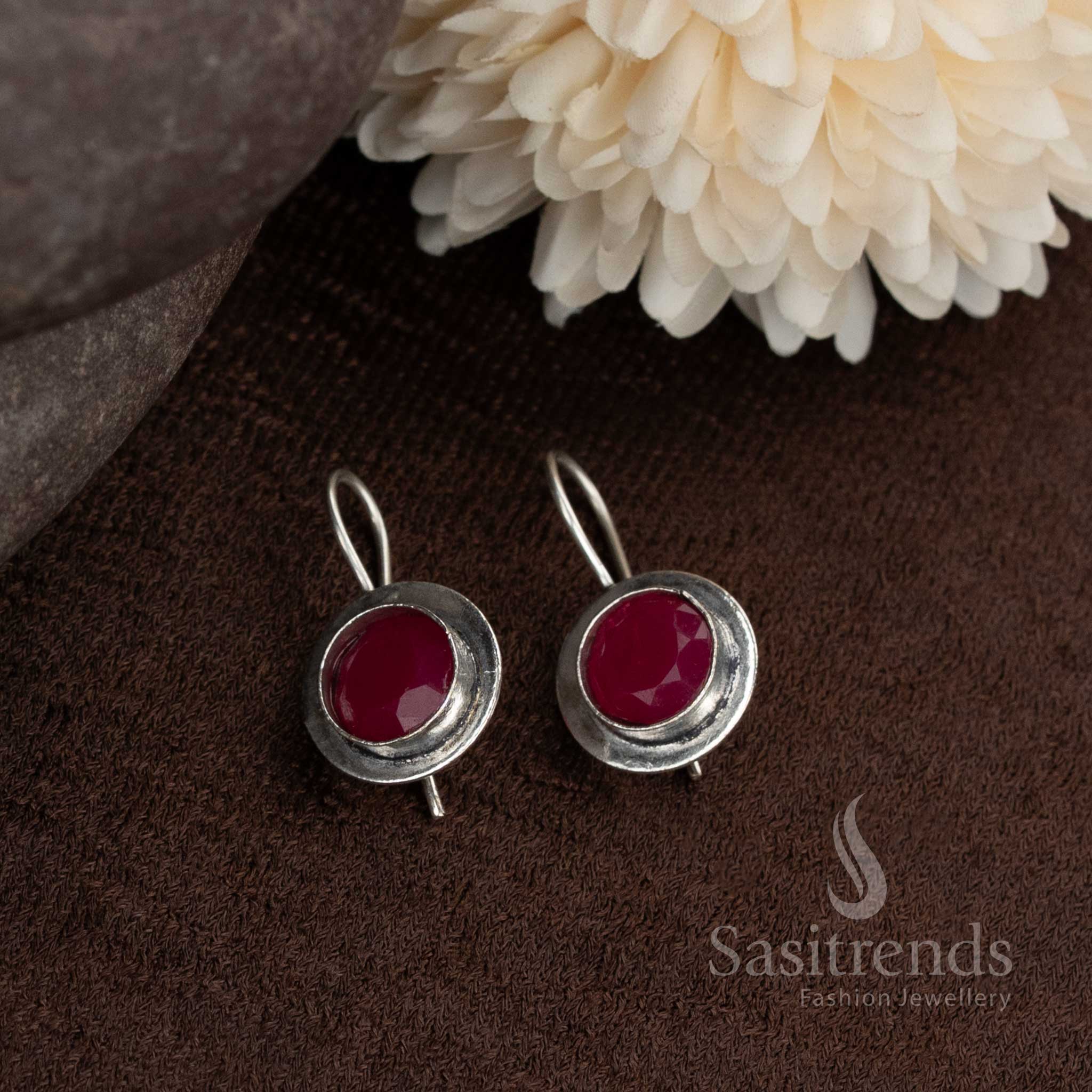 Oxidised earrings in ruby stone round  design suitable for sarees or everyday churidar combinations by Sasitrends
