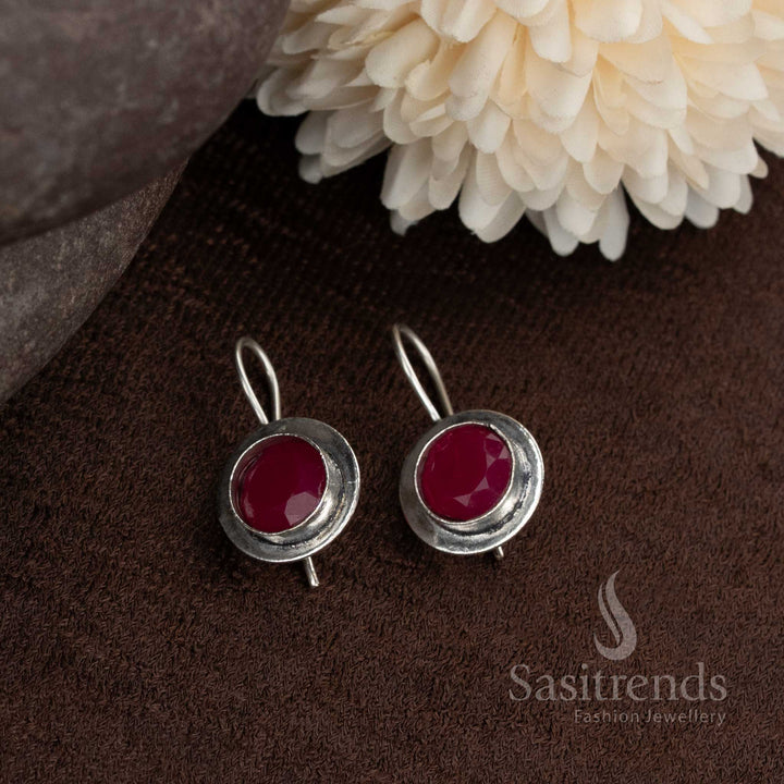Oxidised earrings in ruby stone round  design suitable for sarees or everyday churidar combinations by Sasitrends