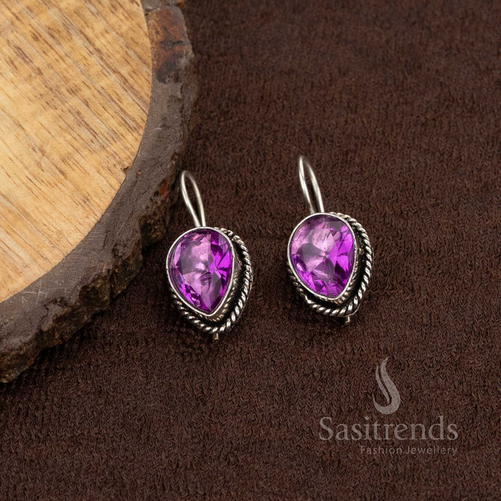 Teardrop earrings with deep violet stone in oxidised finish, suited for bold college or casual styles – Sasitrends