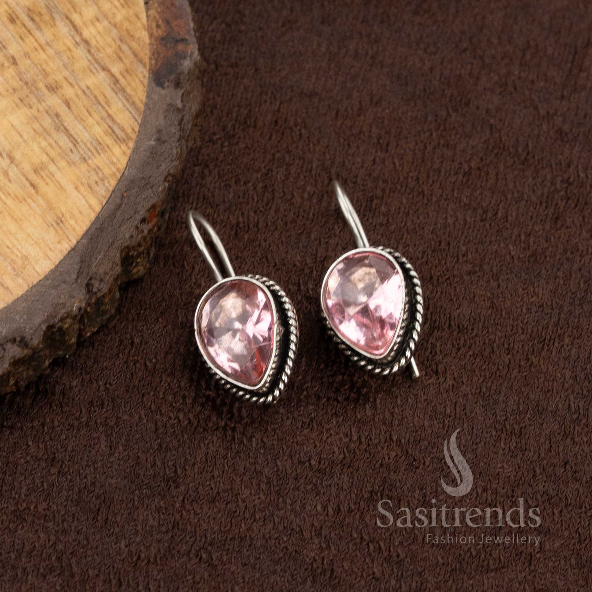 Subtle oxidised earrings with pink natural stone, lovely choice for Navaratri dressing or college wear – Sasitrends