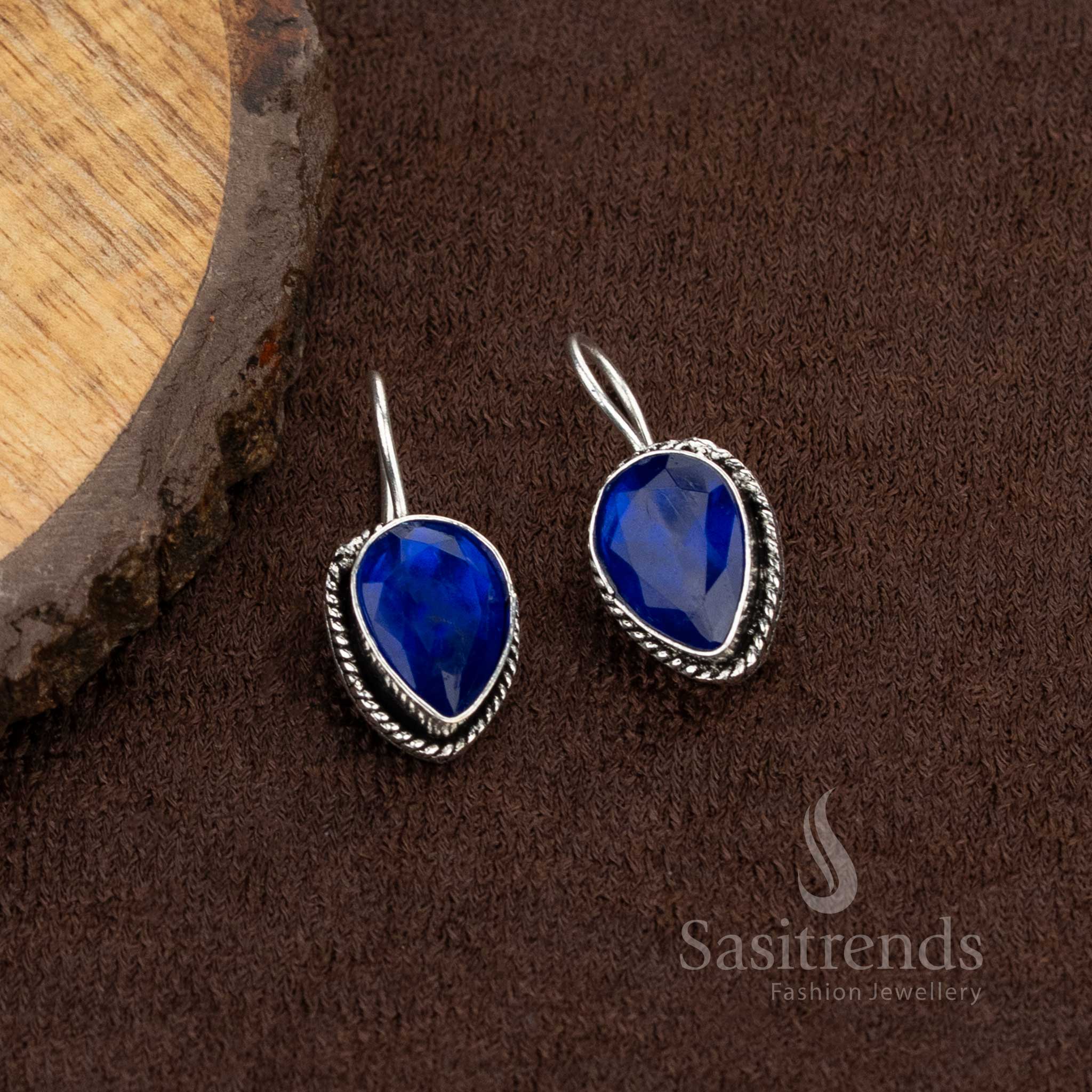 Daily-wear oxidised earrings featuring a blue teardrop stone, simple yet stylish for college use – Sasitrends