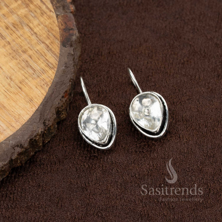 Glossy white natural stone earrings in oxidised finish, designed for college and casual styling – Sasitrends