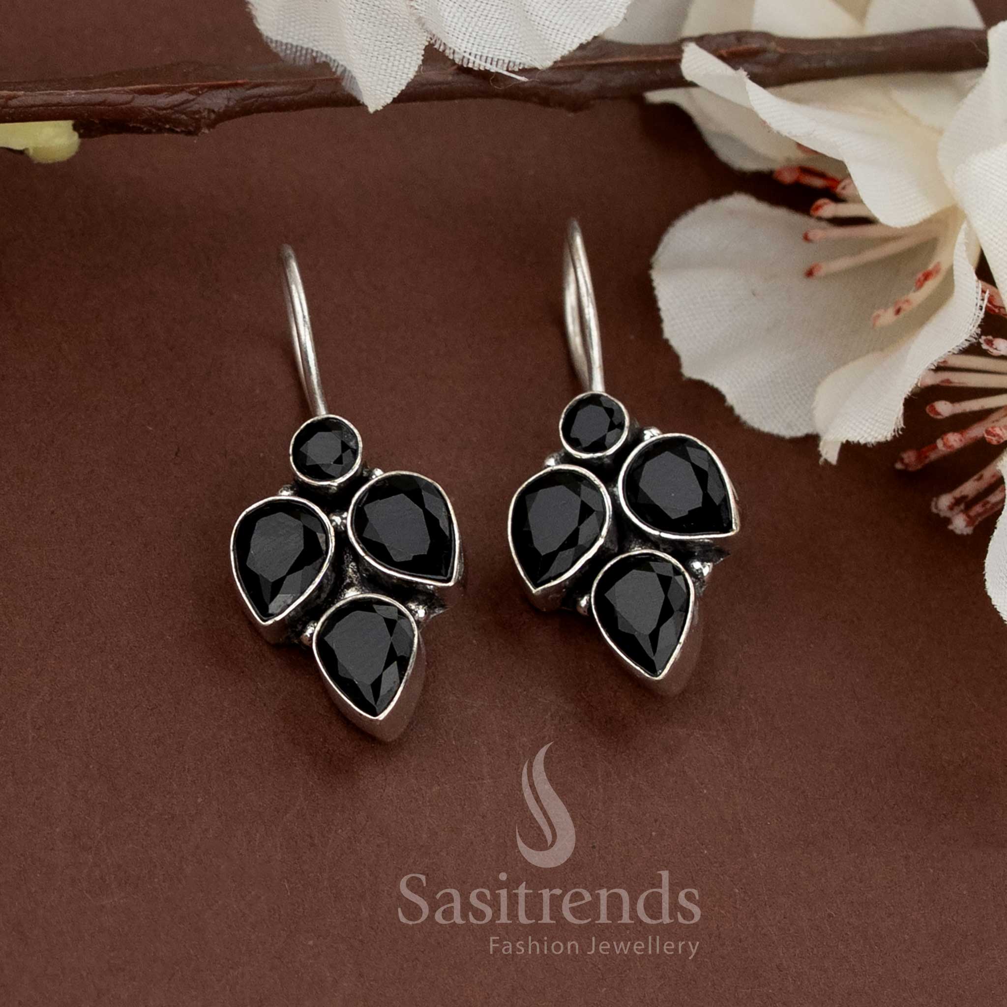 Everyday oxidised earrings with black teardrop stone clusters, simple and sleek for casual styling – Sasitrends
