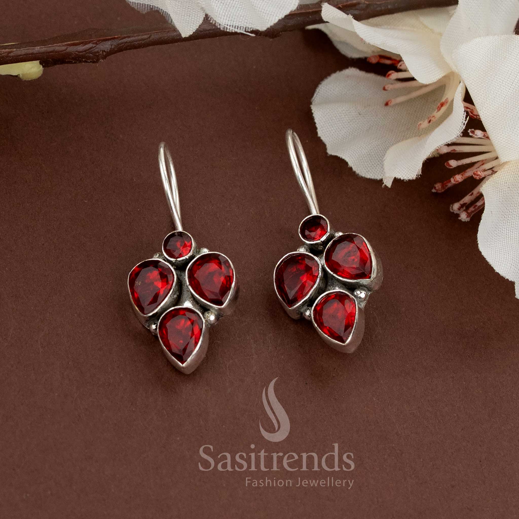Red teardrop stone earrings in oxidised clustered style, comfortable for everyday wear – Sasitrends