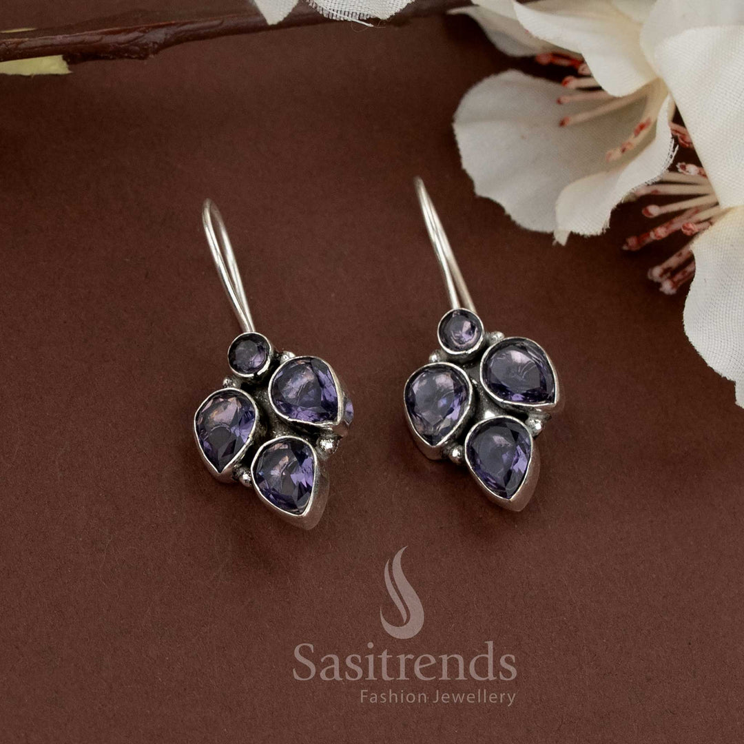 Oxidised earrings featuring clustered violet teardrop stones, ideal for casual styling or evening hangouts – Sasitrends